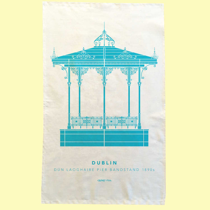 WHITE TEA TOWEL WITH PRINT OF LIGHT BLUE COVERED ORNATE BANDSTAND