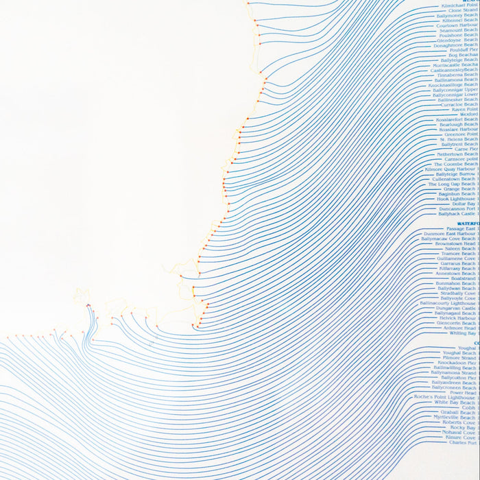 A minimalist art print featuring a white background with a stylized coastline formed by dense, flowing blue lines. Small orange dots mark the shoreline, and the right side includes a column of small blue text labels.