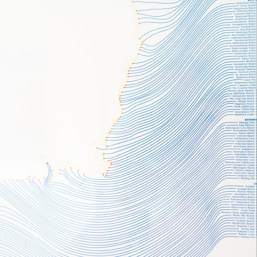 A minimalist art print featuring a white background with a stylized coastline formed by dense, flowing blue lines. Small orange dots mark the shoreline, and the right side includes a column of small blue text labels.