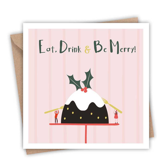 square pink greeting card with to little people sticking forks into a giant christmas pudding