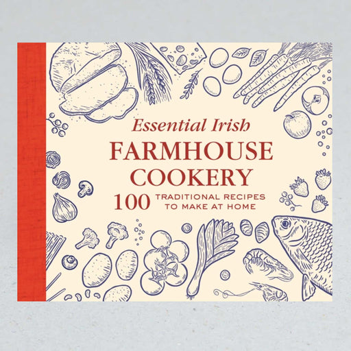essential irish farmhouse cookery book cram book with red spine and blue lined drawings of fish, bread, grains and vegetables
