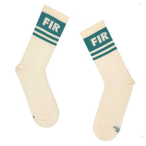 white socks with 3 green bands near the ankle on each and the Irish word Fir in white letters accoss the thickest band