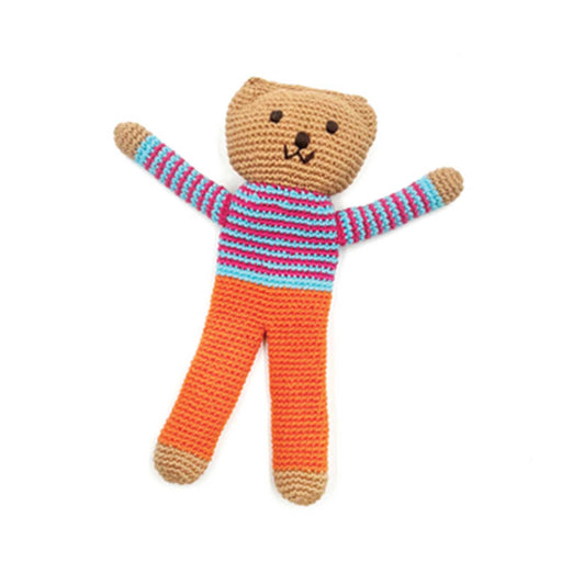 knitted teddy with orange trousers and red and blue stripy jumper
