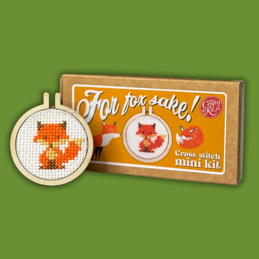 Cross stitch mini kit with fox design on a green background