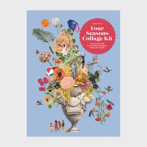 Four Season Collage Kit blue book cover with various cut out objects coming out of a vase 