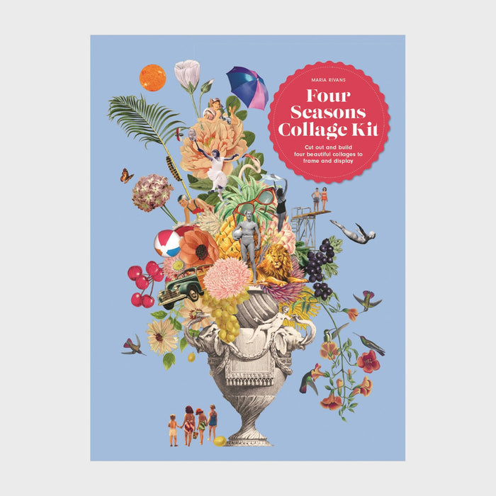 Four Season Collage Kit blue book cover with various cut out objects coming out of a vase 