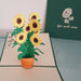 green get well soon pop up greeting card with pop out pot plant of five yellow sunflowers with green leaves and stems