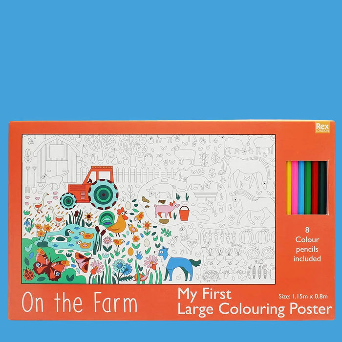 Coloring poster for children with farm animals and a tractor, including 8 color pencils.
