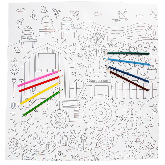 Coloring book page with a barn, animals, and coloring pencils.