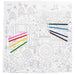 Coloring book page with a barn, animals, and coloring pencils.