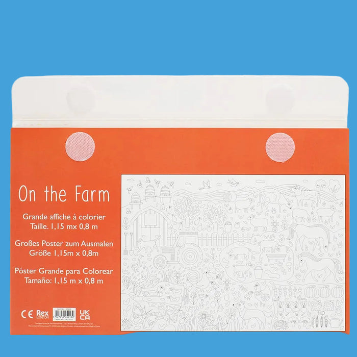 Coloring poster packaging for 'On the Farm' with orange border and white content area.