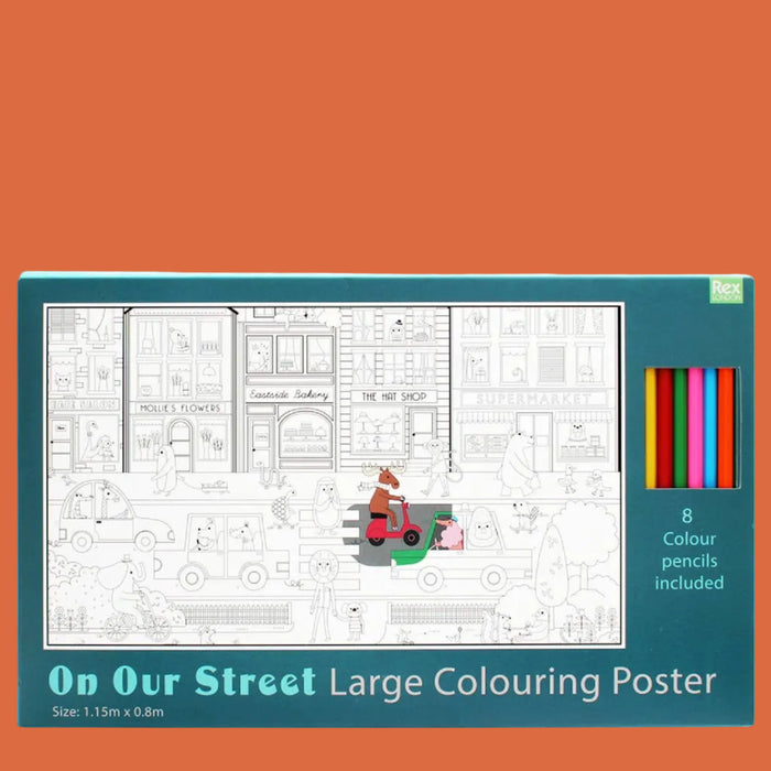Box of 'On Our Street' large colouring poster with included colour pencils on a white background
