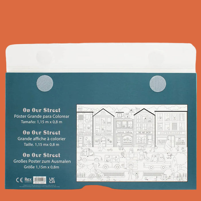 Coloring book packaging with a street scene illustration on a teal background