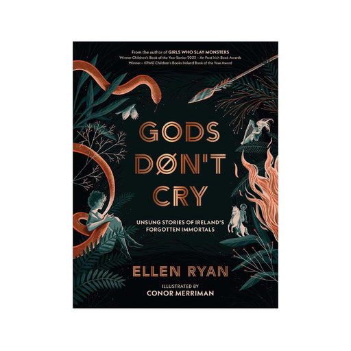 gods don't cry book cover black and dark green cover with copper foil title and copper foil snake and fire around edges