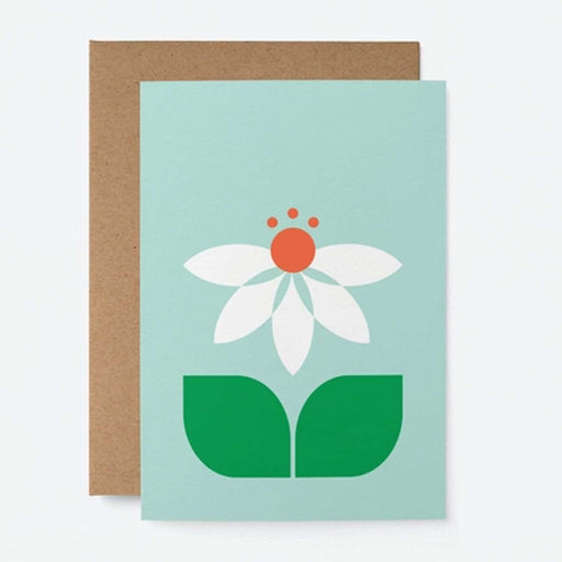 blue greeting card with 2 green leaves, 5 white petals and red dot