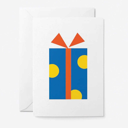 white greeting card with graphic blue rectangle gift box with 3 yellow spots tied in red ribbon