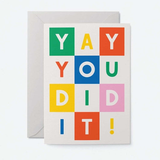 GREETING CARD WITH 6 WHITE SQUARA AND 6 COLOURED SQUARES AND YAY YOU DID IT ON FRONT
