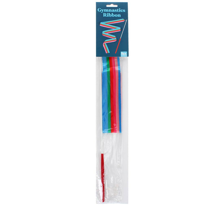 Packaged gymnastics ribbon with red, blue, and green ribbons on a white background
