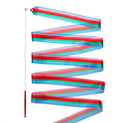 Colorful ribbon flag with red, green, and blue stripes on a white background