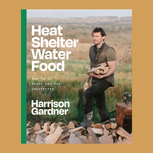 Book cover for 'Heat Shelter Water Food' by Harrison Gardner, featuring a man standing outdoors in a grassy field holding a log, with large white title text and a green vertical stripe on a tan background.