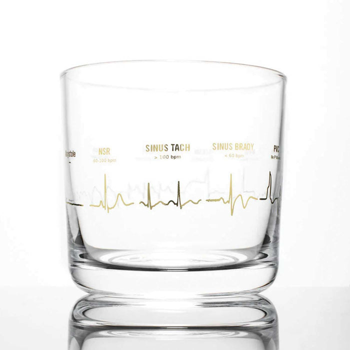 glass whiskey tumbler with gold foil heartbeat pattern on outside