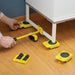 person moving a heavy piece of furniture with a yellow tool with black handle and wheel used to prop up furniture to allow 4 yellow wheeled platforms to be placed underneath 