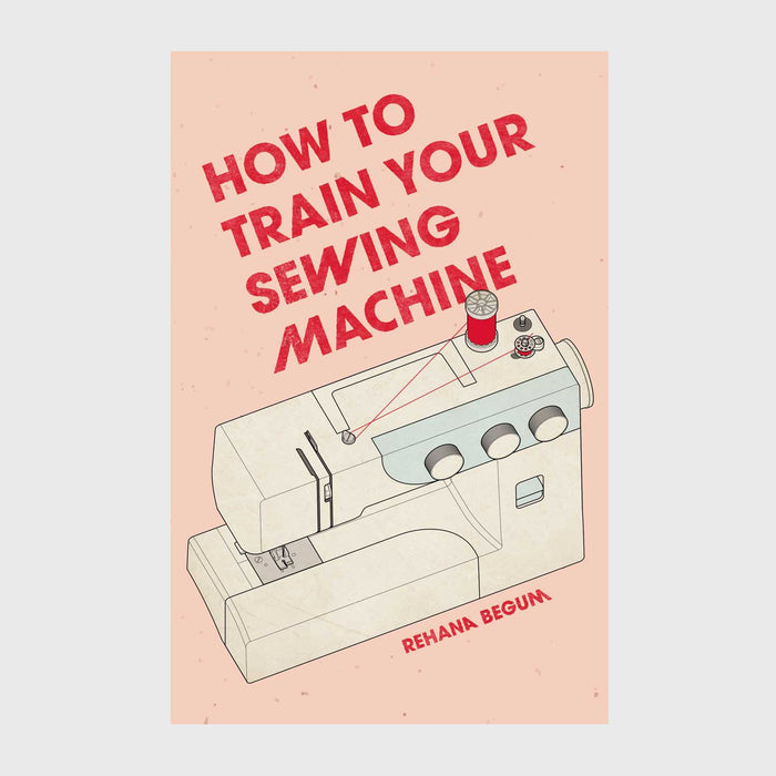 Pale pink book cover with image of sewing machine and hot pink lettering