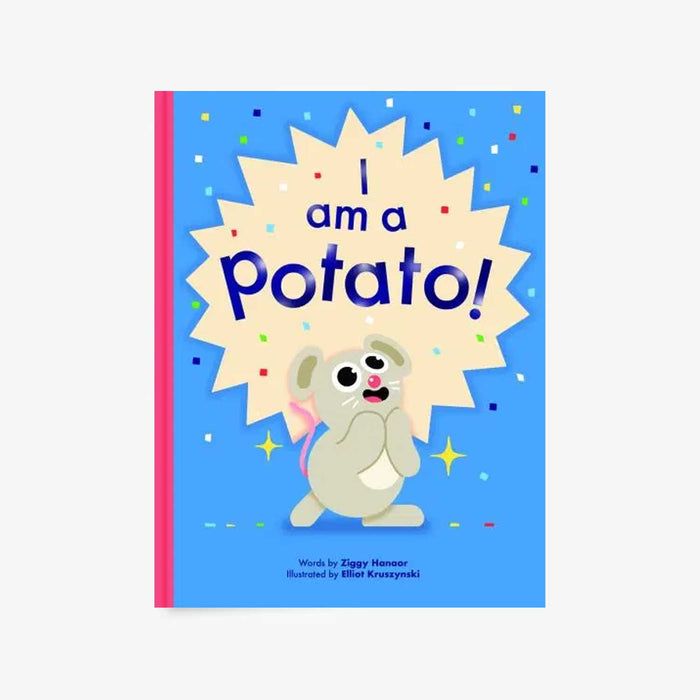 I am a potato book cover. Blue with red spine and smiling cartoon mouse on cover