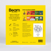 The back cover of the 'Beam' educational activity book, featuring a bright yellow background with black text, colorful activity panels, and a black-and-white coloring page preview, set against a light gray background.