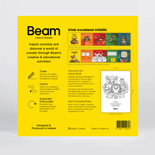 The back cover of the 'Beam' educational activity book, featuring a bright yellow background with black text, colorful activity panels, and a black-and-white coloring page preview, set against a light gray background.