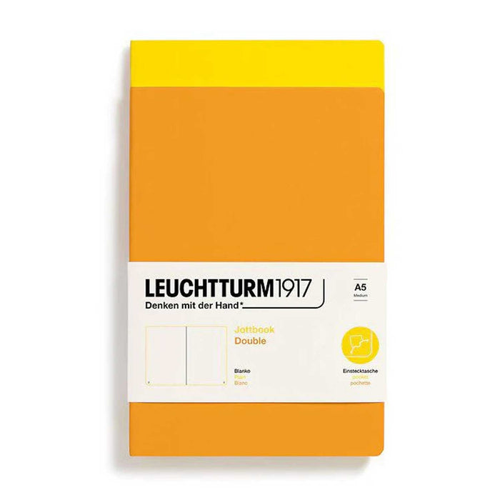 Orange notebook with a white label featuring 'Leuchtturm1917' on a white background