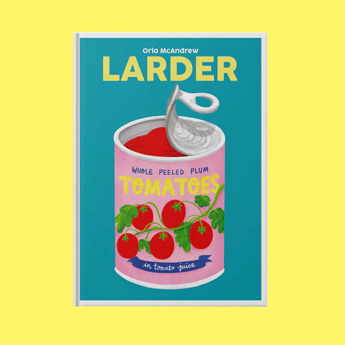 Book called Larder with bright blue cover, yellow title text and pink can of tomatoes with open lid showing red sauce inside