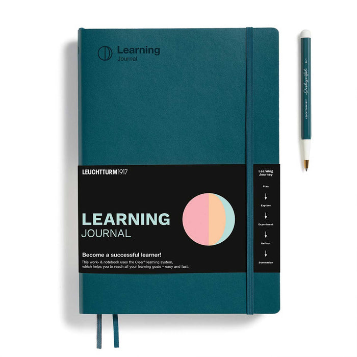pacific green notebook with mathcing green elastic band and black paper title band across cover with Learning Journal in white on front and green and white pen to the right of the journal