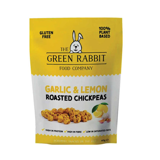 roasted chickpeas packet, yellow with white band across centre and smiling white bunny face. Garlic & Lime in yellow lettering with Roasted Chickpeas in black lettering underneath