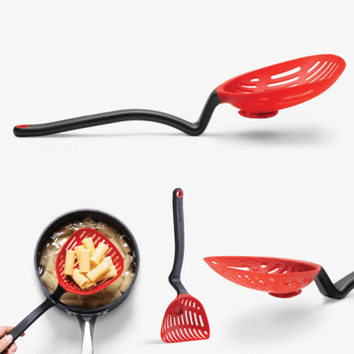 red pot strainer spatula with black handle