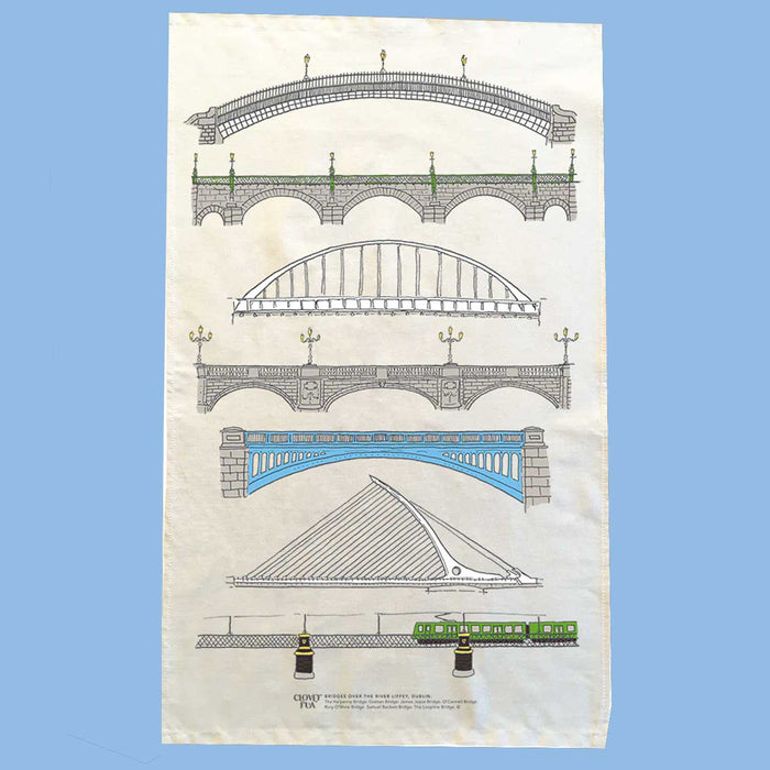 white tea towel with print of seven bridges on it