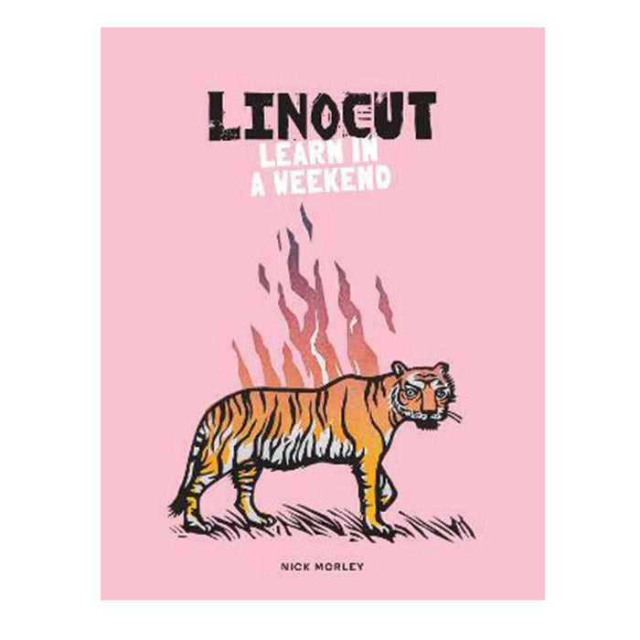 Linocut learn in a weekend piink book cover with orange and black striped tiger on front