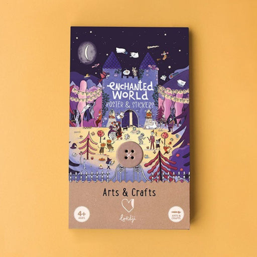 Cover of 'Enchanted World' arts and crafts set with colorful illustrations on a yellow background