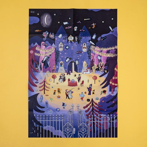 Illustration of a magical scene with a castle, trees, and people on a yellow background