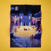 Illustration of a castle with decorative elements on a yellow background