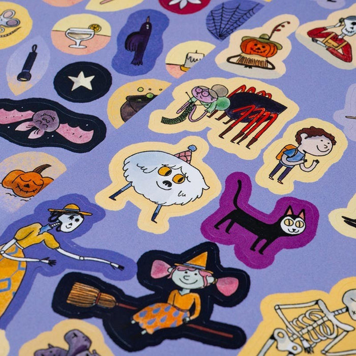 Halloween-themed stickers with various spooky illustrations on a purple background