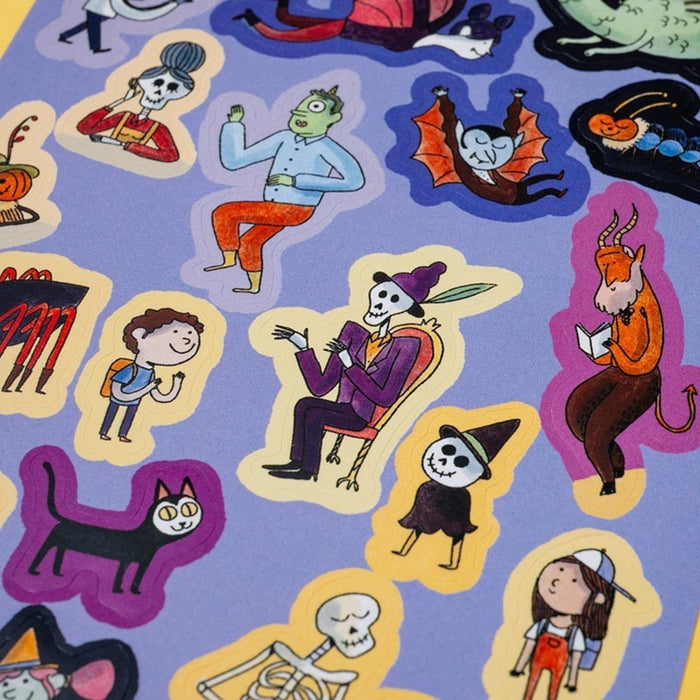 Colorful Halloween-themed stickers on a purple background