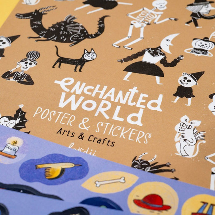 Patterned paper with illustrations and text 'Enchanted World Poster & Stickers Arts & Crafts' on a brown background.