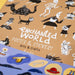 Patterned paper with illustrations and text 'Enchanted World Poster & Stickers Arts & Crafts' on a brown background.