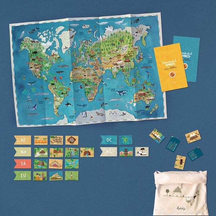 World map poster with tiles and 2 pamphlets and a white pouch on a blue background