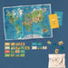 World map poster with tiles and 2 pamphlets and a white pouch on a blue background