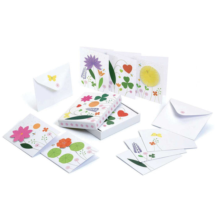 envelope and card set with images of flowers and leaves, 5 cards and five envelopes with open box and lid