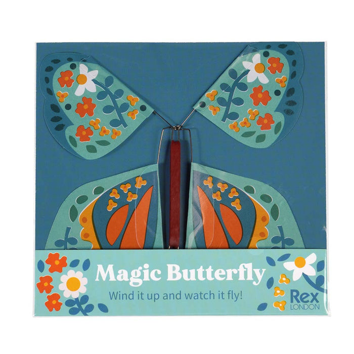 Boxed toy butterfly with colorful wings and 'Magic Butterfly' text on a blue background