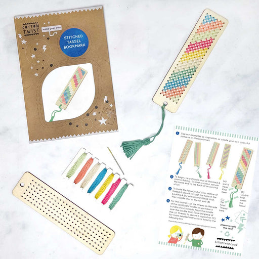 STITCHED TASSEL BOOKMARK SET WITH TWO WOODEN BOOKMARKS SEVEN COLOURED THREADS AND SHEET INSTRUCTIONS
