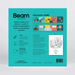 The back cover of the 'Beam' brand 'Irish Marine Whistle' activity book, featuring a bright teal background with product details, illustrations, and a barcode on a light gray studio background.